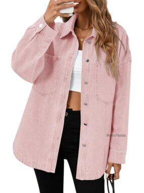 Women's Oversized Denim Jacket Shacket Long Sleeve Button Down Casual Cotton